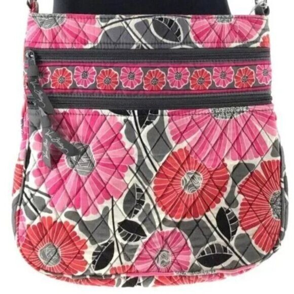 Vera Bradley Cherry Blossoms Triple Zipper Crossbody Pink Gray 2009 Retired - Picture 2 of 7